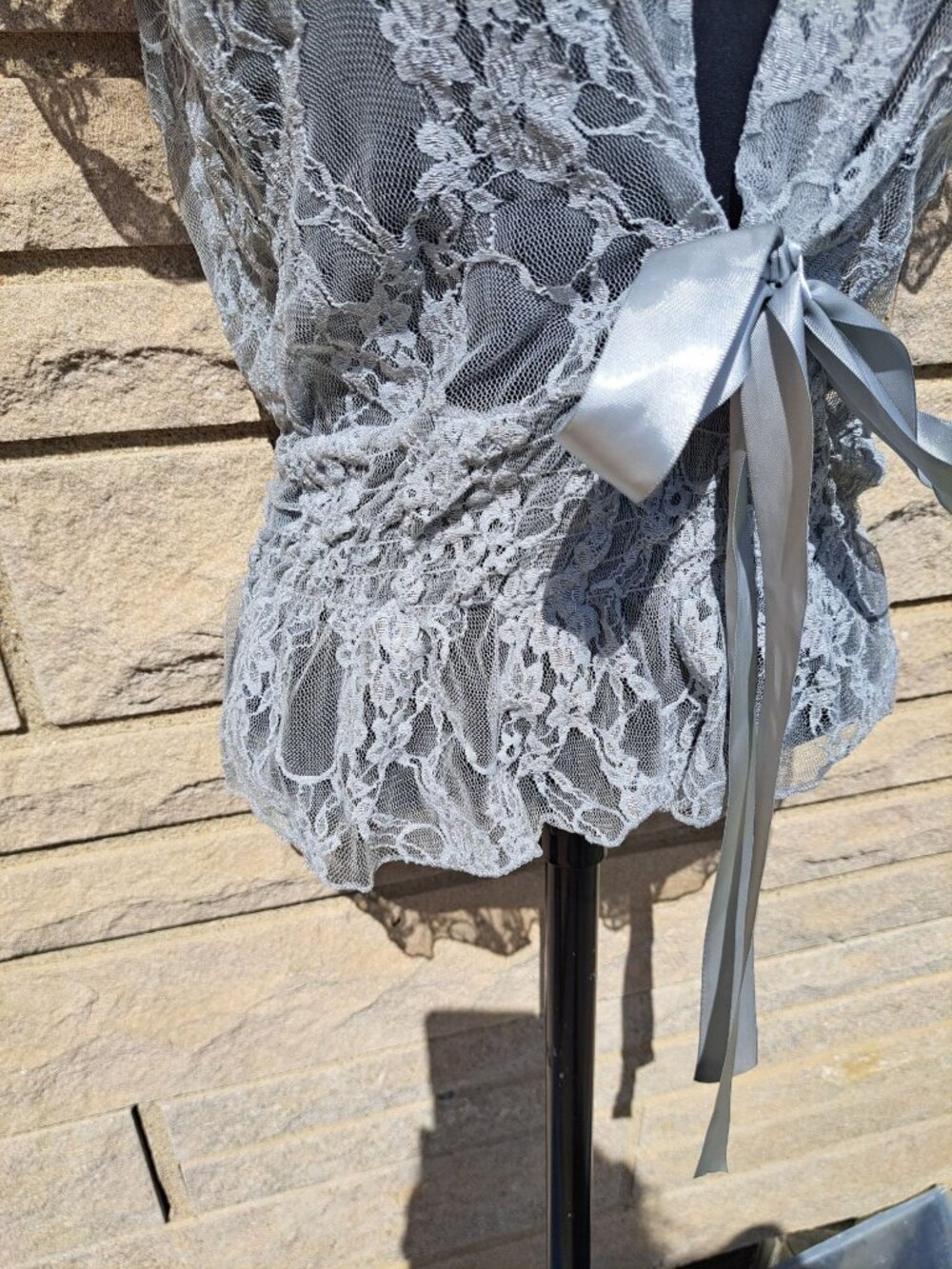 Y2K Sheer Lace Gray Blue Top Satin Ribbon Tie Floral Short Sleeves Romantic Med - Picture 6 of 11